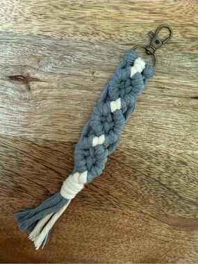 Macrame Keychain Handmade Boho, Bag Charm, Cloudy Blue and White